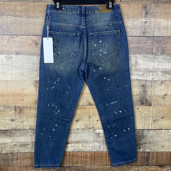 Wildfox Baggy Crop Blue Jeans Da Vinci Wash Paint Splatters Size 24 NWT - Picture 3 of 10